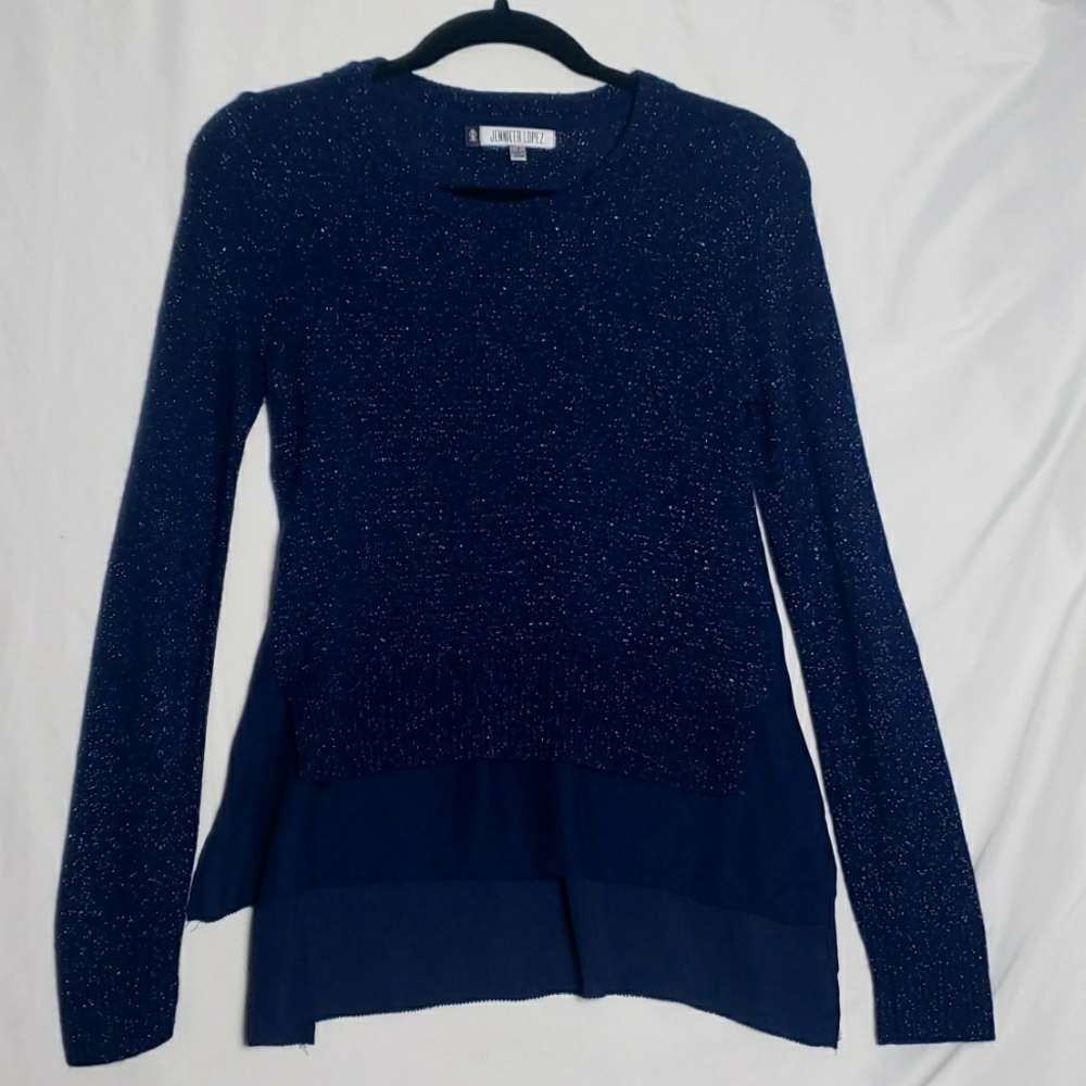 93. Jennifer Lopez Navy Metallic Long Sleeve Sweater with Chiffon Underlay
